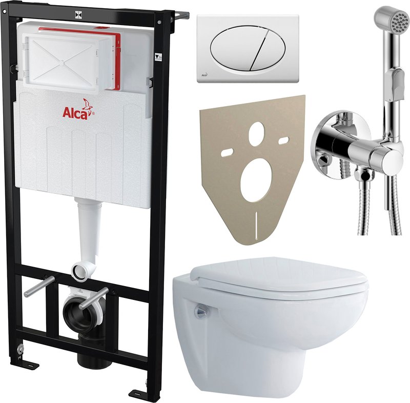Комплект 5 в 1 Унитаз подвесной Duravit D-code 45700900A1 + Инсталляция AlcaPlast A101 Sadromodul AM101/1120-0001 + Кнопка ALCA M70 + Звукоизоляция M91 + Гигиенический душ Rossinka X X25-51 со смесителем, С ВНУТРЕННЕЙ ЧАСТЬЮ