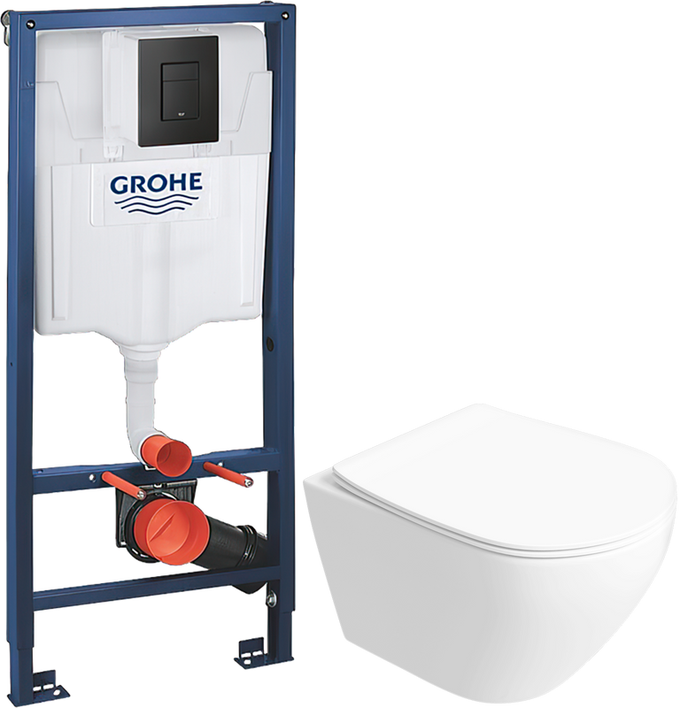 Комплект 5 в 1: Инсталляция Grohe Solido 38811KF0 + Унитаз подвесной Кронборг S28401WH безободковый + Сиденье с микролифтом + Кнопка Even + Крепления