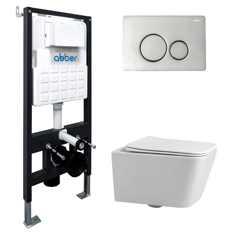 Комплект 4 в 1 Abber Rechteck AC1201-AC0105-AC0121 Унитаз подвесной безободковый, с микролифтом + Система инсталляции + Кнопка смыва хром