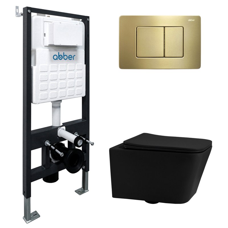 Комплект 4 в 1 Abber Rechteck AC1201MB-AC0105-AC0120MMG Унитаз подвесной безободковый, с микролифтом + Система инсталляции + Кнопка смыва матовое золото