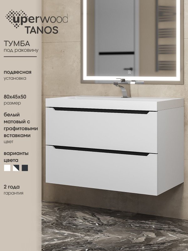 Тумба под раковину без столешницы Uperwood Tanos 80 подвесная, белая, графит