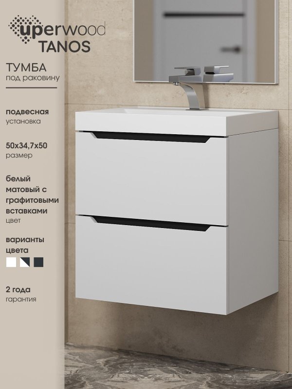 Тумба под раковину без столешницы Uperwood Tanos 50 подвесная, белая, графит
