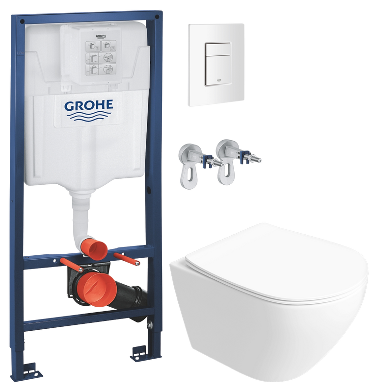 Комплект 5 в 1: Инсталляция Grohe Rapid SL 38772SH0 + Унитаз подвесной Кронборг S28401WH безободковый + Сиденье с микролифтом + Кнопка Skate Cosmopolitan + Крепления