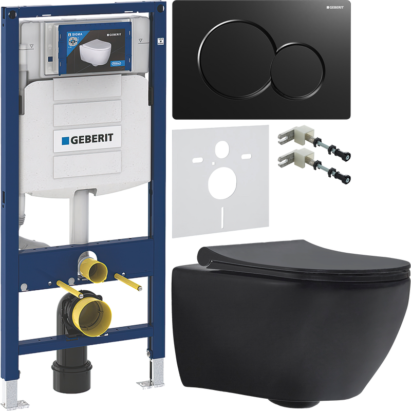 Комплект 5 в 1 Унитаз подвесной beWash Bogen 88303670 матовый черный + Крепления Geberit Duofix 111.815.00.1 к стене + Звукоизоляция 156.050.00.1 + Инсталляция UP 320 111.300.00.5 + Кнопка Sigma 01 115.770.DW.5