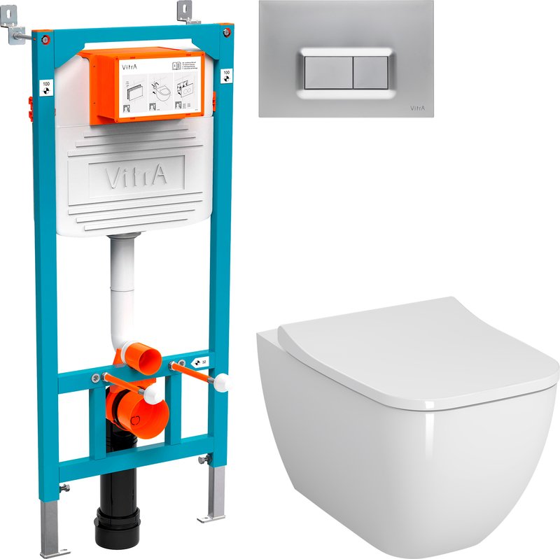 Комплект 2 в 1 Унитаз подвесной VitrA Shift 7742B003-0075 405 с микролифтом, безободковый, глянцевый белый + Инсталляция с кнопкой 800-2013