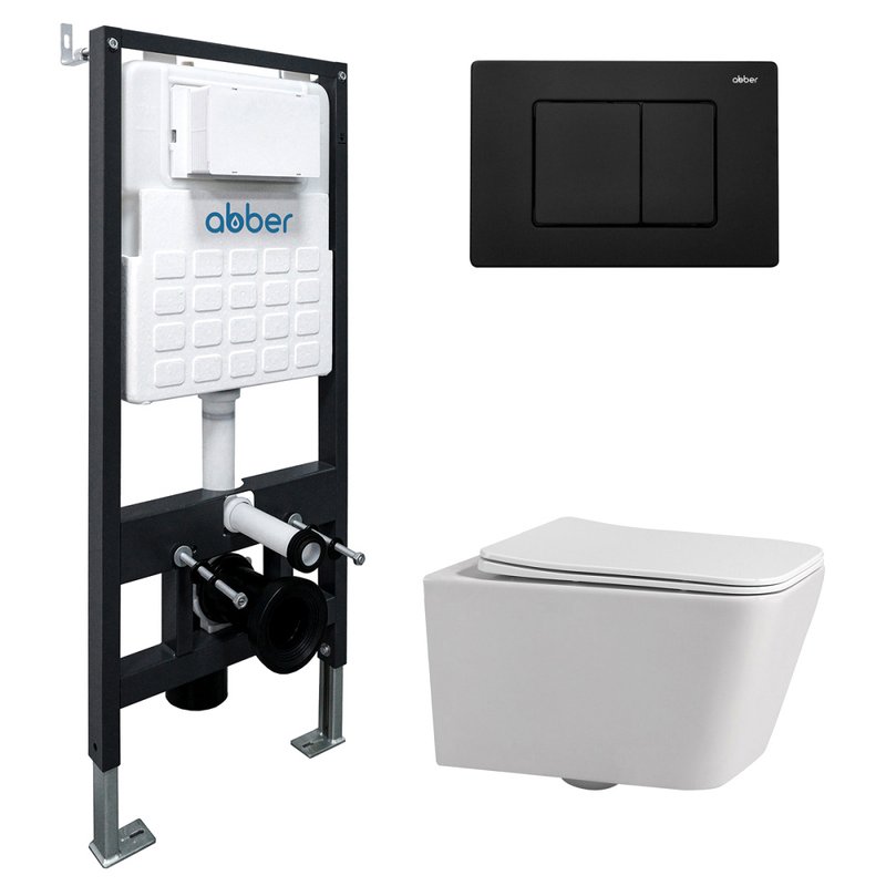 Комплект 4 в 1 Abber Rechteck AC1201-AC0105-AC0120MB Унитаз подвесной безободковый, с микролифтом + Система инсталляции + Кнопка смыва черная матовая