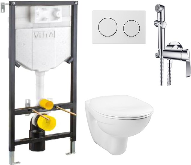 Комплект  Комплект VitrA Normus L-box 9773B003-7206 подвесной унитаз безободковый, с микролифтом + инсталляция + кнопка + Гигиенический душ D&K Paulin