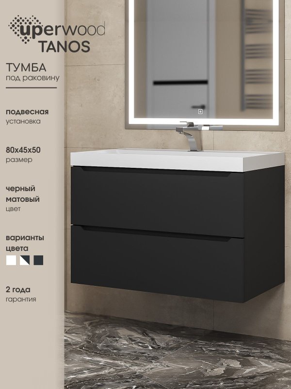 Тумба под раковину без столешницы Uperwood Tanos 80 подвесная, черная матовая
