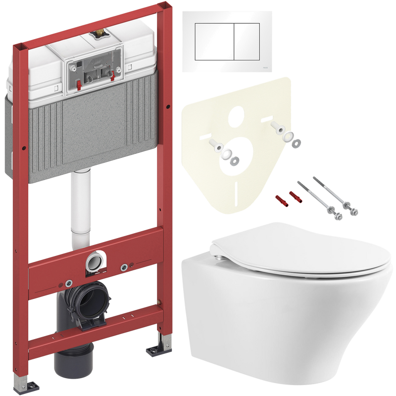 Комплект 3 в 1 Унитаз подвесной BelBagno Acqua BB340CHR + Крышка Prospero BB2020SC с микролифтом, петли хром + Инсталляция с кнопкой TECE Base 9400413