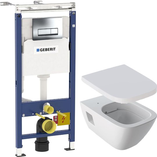 Комплект 3 в 1 Унитаз подвесной Geberit Renova Plan + Инсталляция с кнопкой Duofix Платтенбау 458.125.21.1 + Звукоизоляция 156.050.00.1