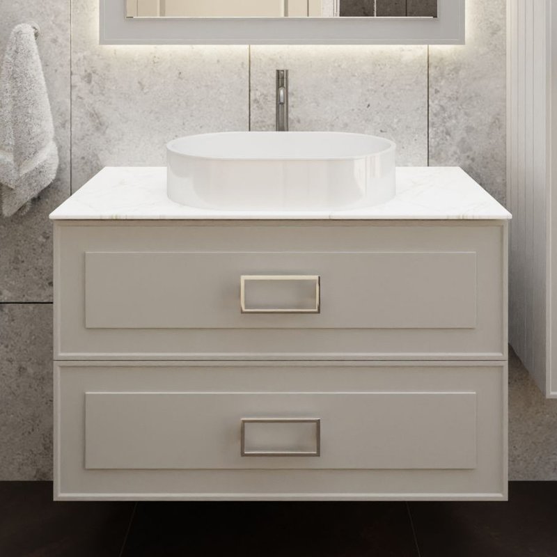 Тумба под раковину со столешницей La Fenice Cubo Twin 100 подвесная, cappuccino, бежевая матовая, столешница белый мрамор, ручки белые