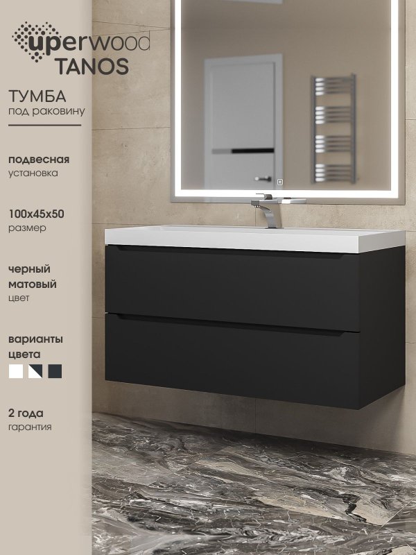 Тумба под раковину без столешницы Uperwood Tanos 100 подвесная, черная матовая