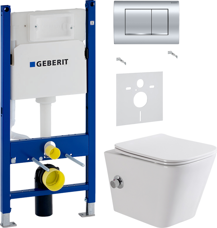 Комплект 3 в 1 Унитаз подвесной BelBagno Due BB3103CHR-BS/SC + Звукоизоляция Geberit 156.050.00.1 + Инсталляция с кнопкой Duofix Delta 458.163.21.1