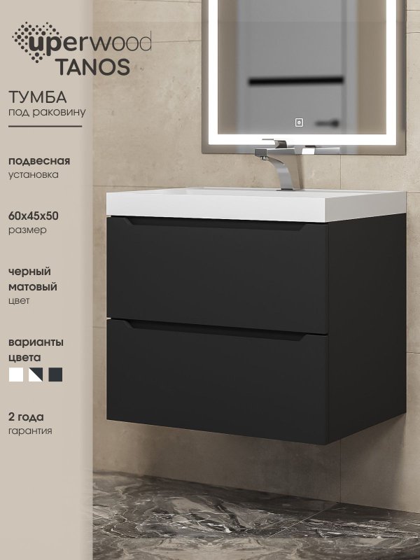Тумба под раковину без столешницы Uperwood Tanos 60 подвесная, черная матовая