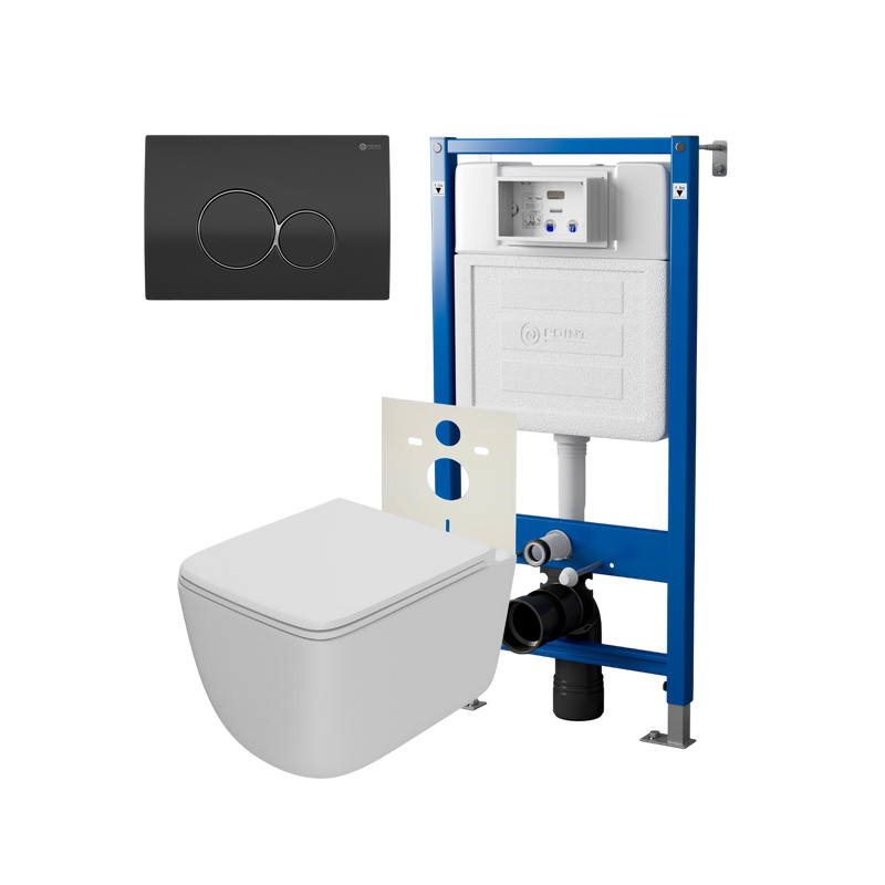 Комплект Унитаз подвесной Point Меркурий PN41831WM белый матовый, безободковый, с микролифтом + Система инсталляции для унитазов Point PN45120 + Кнопка смыва Point Виктория PN44061BC черная, хром