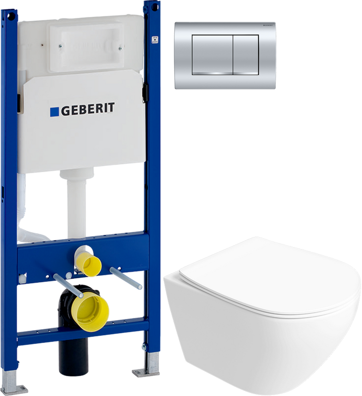 Комплект 5 в 1: Инсталляция Geberit Duofix Delta 458.163.21.1 + Унитаз подвесной Кронборг S28401WH безободковый + Сиденье с микролифтом + Кнопка хром + Крепления