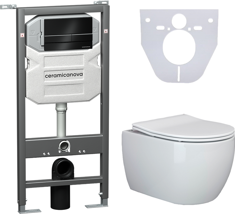Комплект Унитаз подвесной Ceramicanova Play CN3001 безободковый, с микролифтом + Инсталляция Envision CN1002B + Кнопка Flat, черная матовая