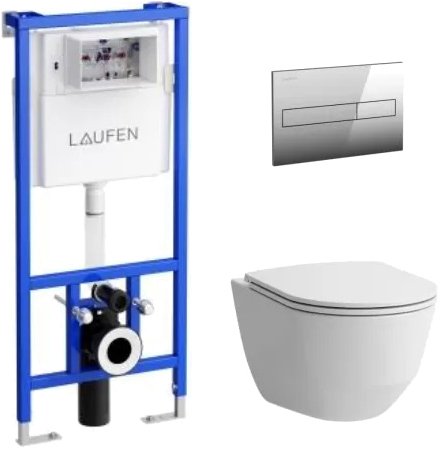 Комплект 4 в 1 Laufen 8.6996.6.000.000.R унитаз безободковый, с микролифтом + система инсталляции с кнопкой смыва