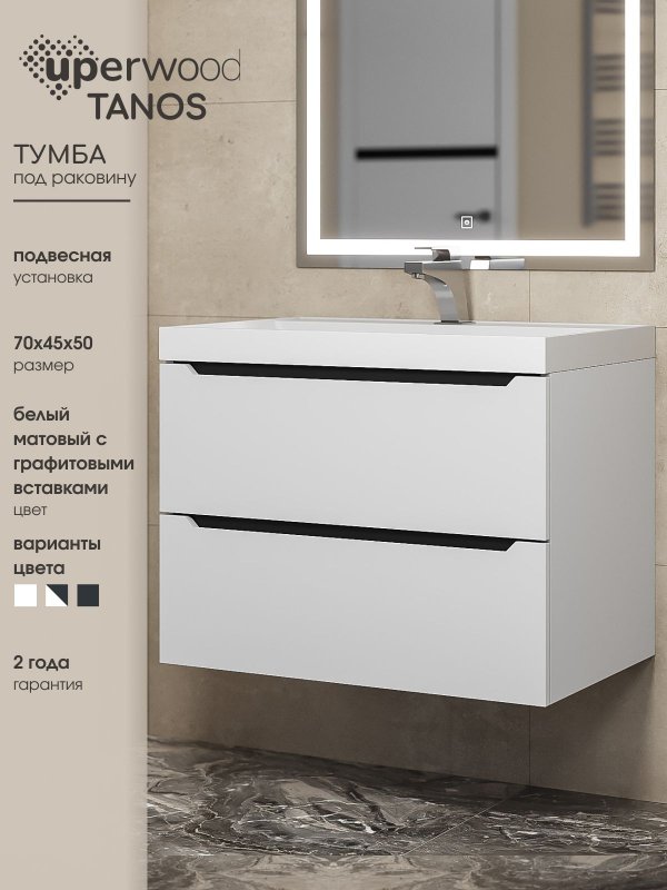 Тумба под раковину без столешницы Uperwood Tanos 70 подвесная, белая, графит