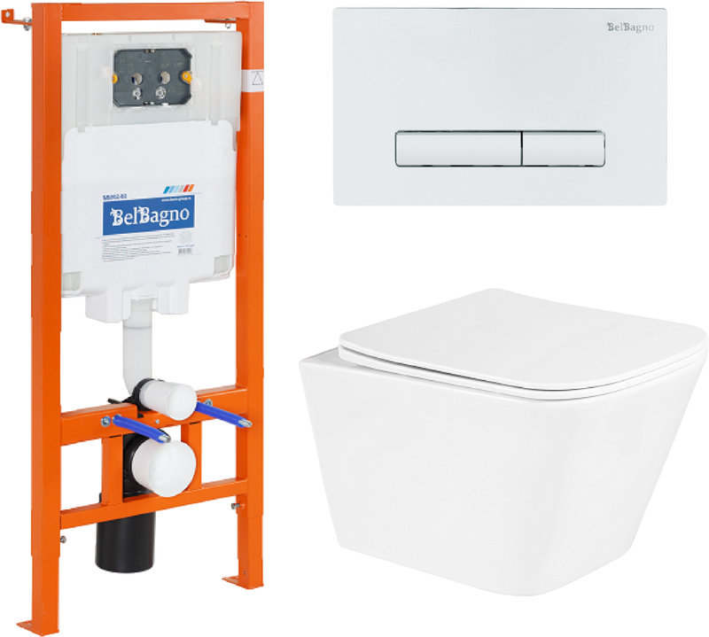 Комплект Унитаз подвесной BelBagno Due BB3103CHR/SC безободковый, с микролифтом, инсталляция BB002-80 с кнопкой BB018-GV-BIANCO