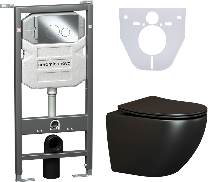 Комплект Унитаз подвесной Ceramicanova Metric CN4002MB безободковый, с микролифтом + Инсталляция Envision CN1001CH + Кнопка Round, хром