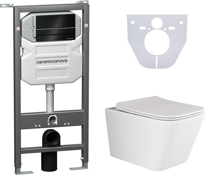 Комплект Унитаз подвесной Ceramicanova Metric CN3007 с микролифтом, безободковый + Иинсталляции Envision CN1002B + Кнопка Flat, черная матовая