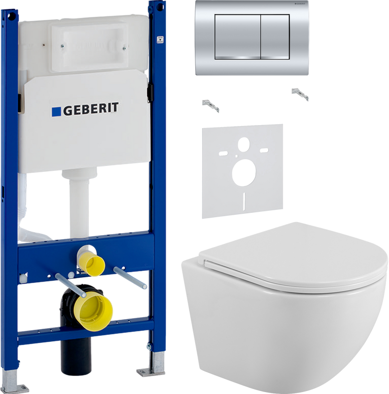 Комплект 3 в 1 Унитаз подвесной BelBagno Uno BB3105CHR/SC + Звукоизоляция Geberit 156.050.00.1 + Инсталляция с кнопкой Duofix Delta 458.163.21.1