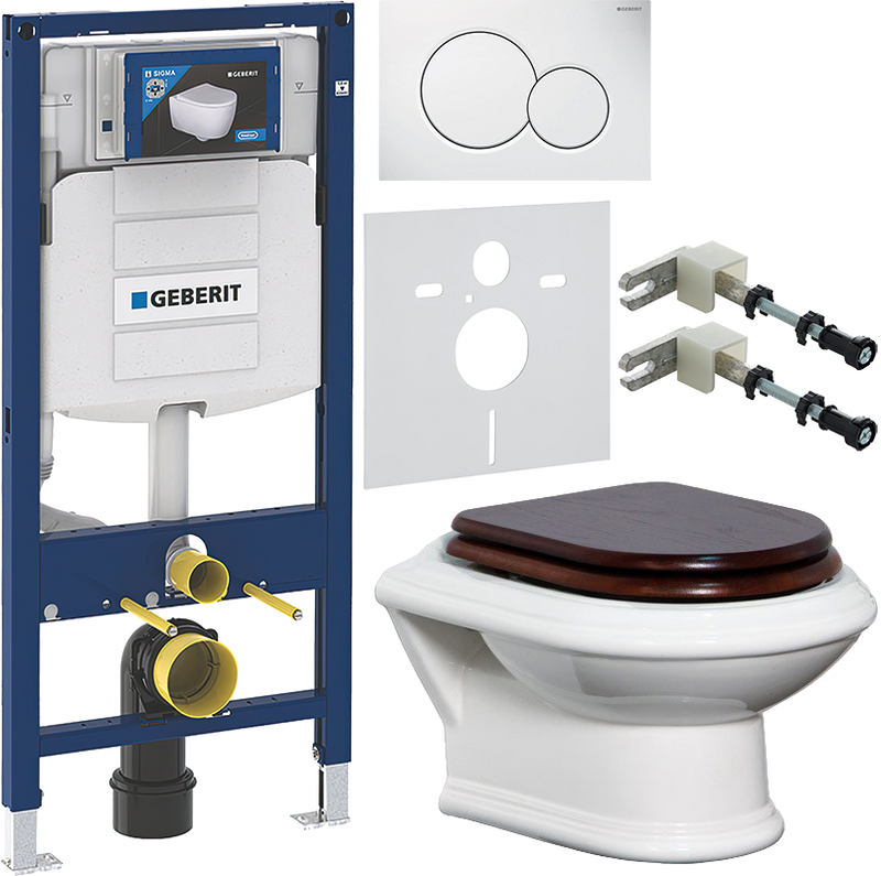 Комплект 6 в 1 Унитаз подвесной Cezares King palace CZR-163-TH + Крышка CZR-T-163-W-S-BR с микролифтом, петли бронза + Инсталляция Geberit Duofix UP 320 111.300.00.5 + Кнопка Sigma 01 115.770.11.5 + Крепления 111.815.00.1 к стене + Звукоизоляция 156.050.0
