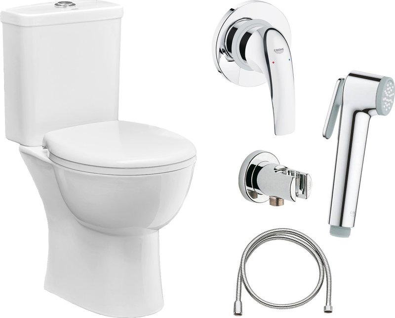 Комплект 4 в 1 Унитаз-компакт Grohe Bau Ceramic 39429000 + Крышка 39493000 с микролифтом + Бачок 39436000 + Гигиенический душ BauCurve 123072 со смесителем, С ВНУТРЕННЕЙ ЧАСТЬЮ