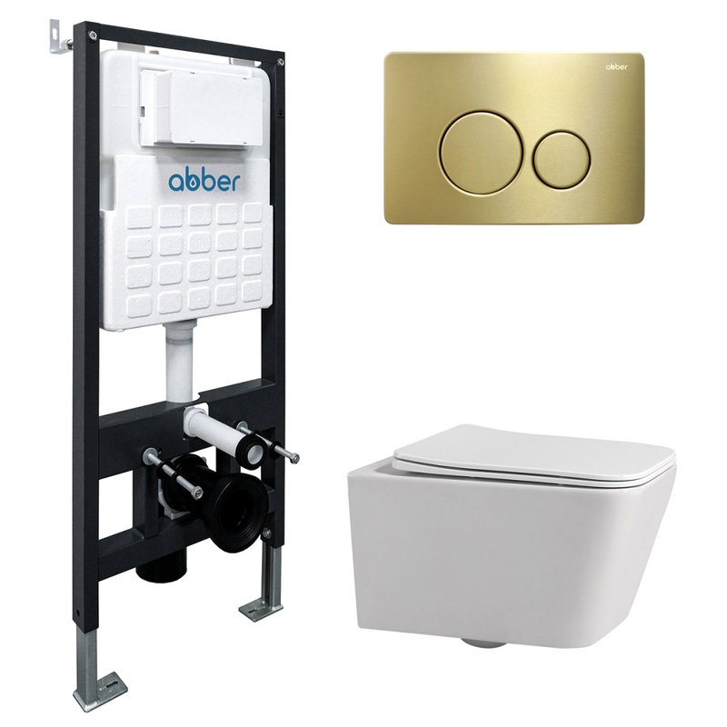 Комплект 4 в 1 Abber Rechteck AC1201-AC0105-AC0121MMG Унитаз подвесной безободковый, с микролифтом + Система инсталляции + Кнопка смыва матовое золото