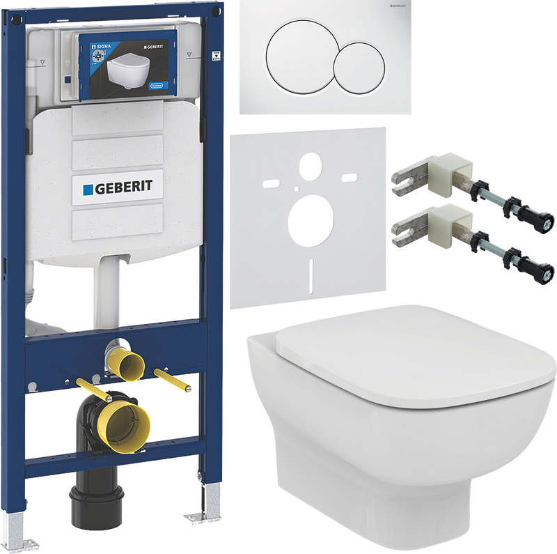Комплект 6 в 1 Унитаз подвесной Ideal Standard Esedra AquaBlade T386001 + Крышка T318101 с микролифтом + Инсталляция Geberit Duofix UP 320 111.300.00.5 + Кнопка Sigma 01 115.770.11.5 + Крепления 111.815.00.1 к стене + Звукоизоляция 156.050.00.1