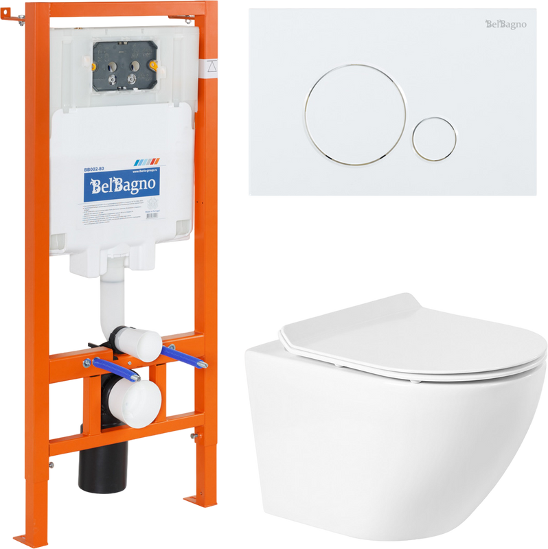 Комплект Унитаз подвесной BelBagno Sfera-r BB046CHR безободковый, крышка BB2111SC, инсталляция BB002-80 с кнопкой BB014-SR-BIANCO