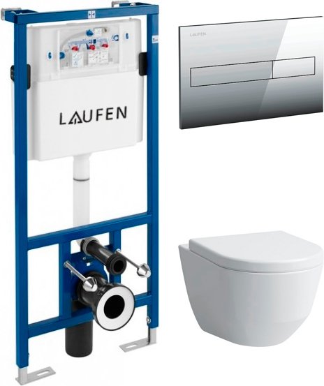 Комплект 4 в 1 Унитаз подвесной Laufen Pro Rimless 8.2096.6.000.000.1 без ободка + Крышка 8.9695.1.300.000.1 с микролифтом, петли хром + Кнопка Lis AW1 8.9566.1.004.000.1 + Инсталляция CW1 8.9466.0