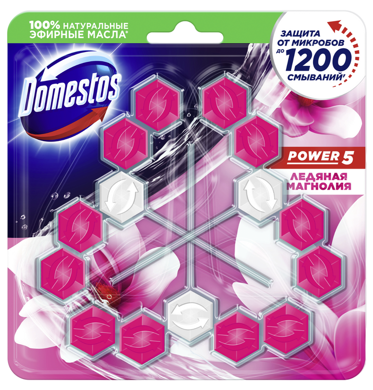 Туалетный блок для унитаза Domestos Power 5, ледяная магнолия трио 3х55 г