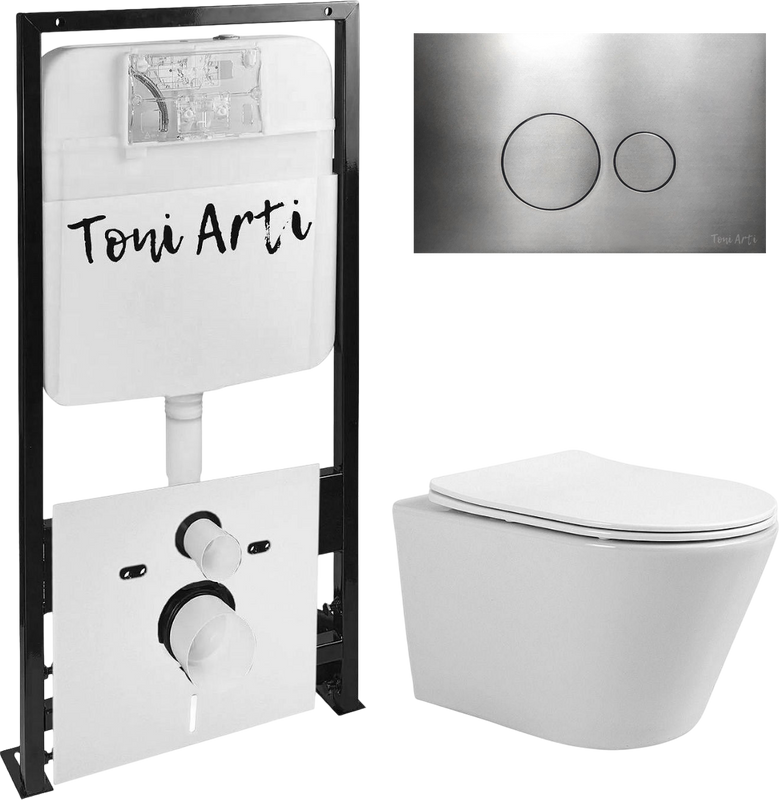 Комплект Toni Arti Forli TA-01+TA-1905+TA-0087 с кнопкой смываКомплект Унитаз подвесной Toni Arti Forli TA-1905 безободковый, с микролифтом + Система инсталляции для унитазов Toni Arti TA-01 + Кнопка смыва Toni Arti Baglio TA-0087 gun metall