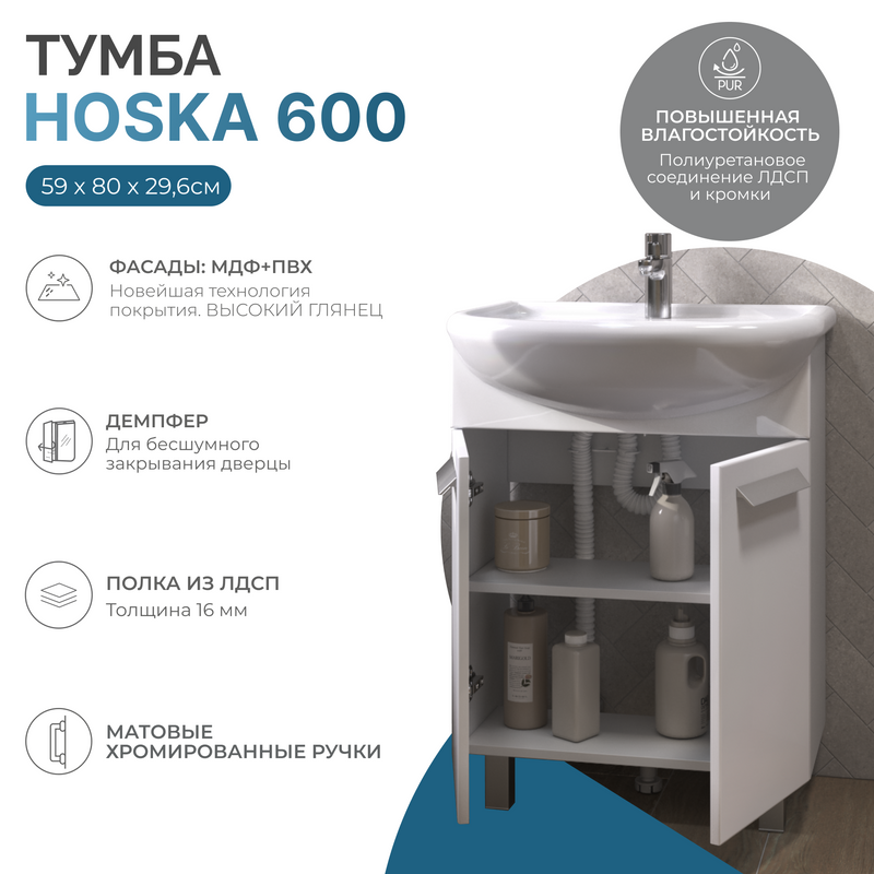 Тумба под раковину без столешницы Vigo Hoska 60 2 дверцы, для раковины Уют, белая