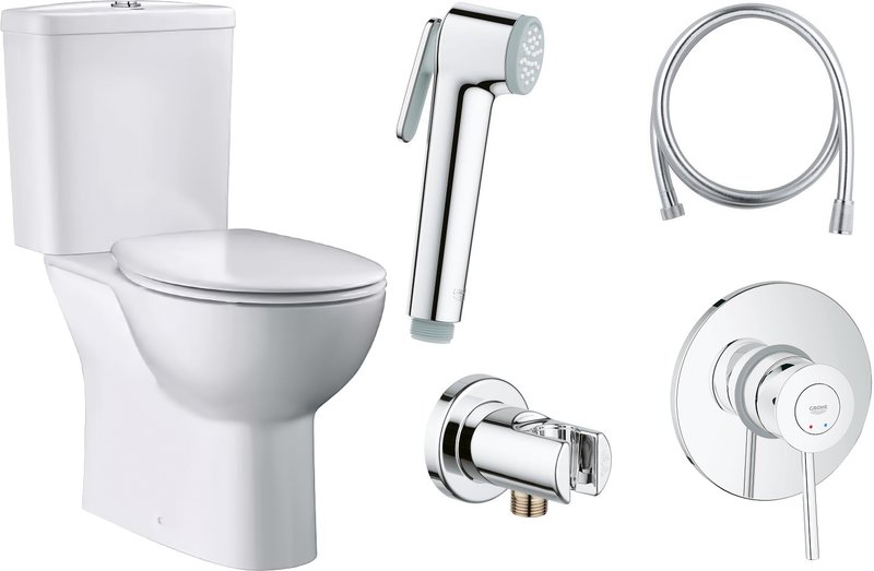 Комплект 4 в 1 Унитаз-компакт Grohe Bau Ceramic 39349000 безободковый + Крышка 39492000 + Бачок 39436000 + Гигиенический душ BauClassic 124901 со смесителем, С ВНУТРЕННЕЙ ЧАСТЬЮ