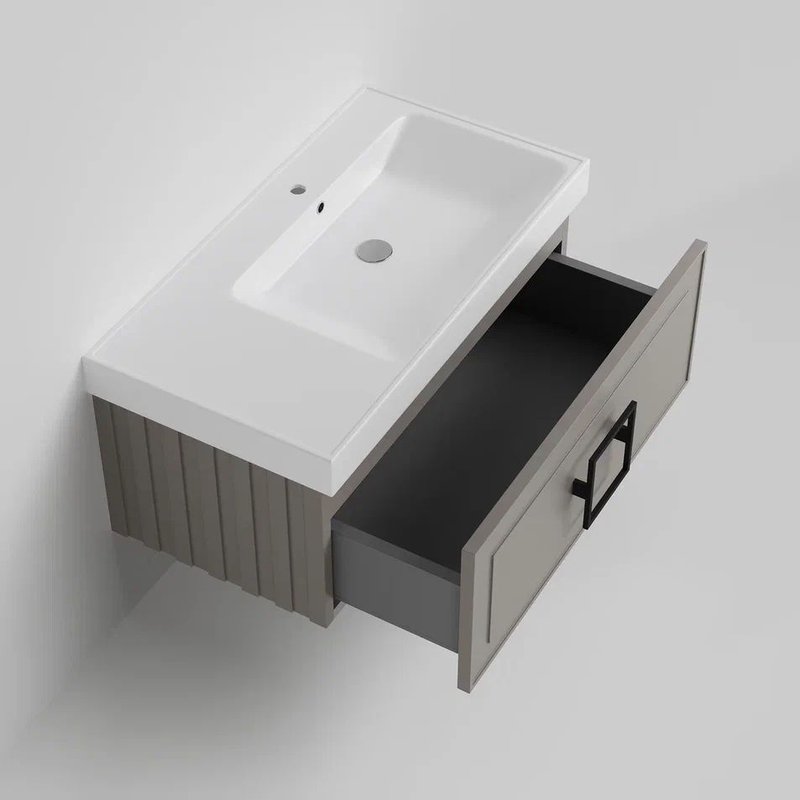 Тумба под раковину La Fenice CUBO Cappuccino бежевая матовая 90 см Черная ручка
