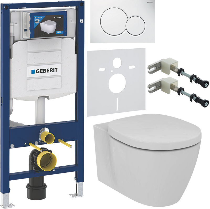 Комплект 6 в 1 Унитаз подвесной Ideal Standard Connect AquaBlade E047901 + Крышка E712801 + Инсталляция Geberit Duofix UP 320 111.300.00.5 + Кнопка Sigma 01 115.770.11.5 + Крепления 111.815.00.1 к стене + Звукоизоляция 156.050.00.1