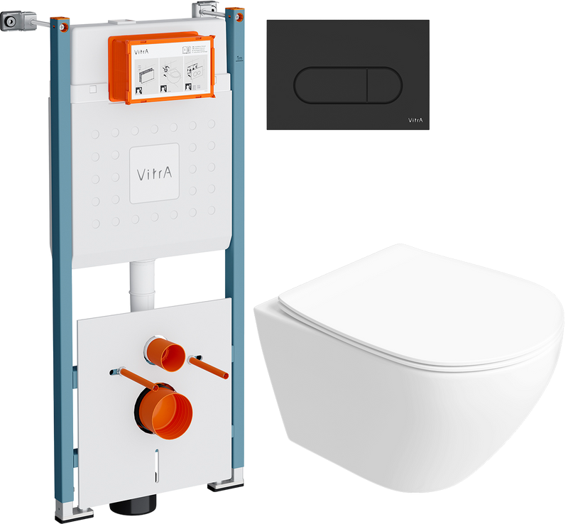 Комплект 6 в 1: Инсталляция VitrA V-Fix Core 732-5800-01PV + Унитаз подвесной Кронборг S28401WH безободковый + Сиденье с микролифтом + Кнопка Root Round черная матовая + Комплект шумоизоляции, креплений