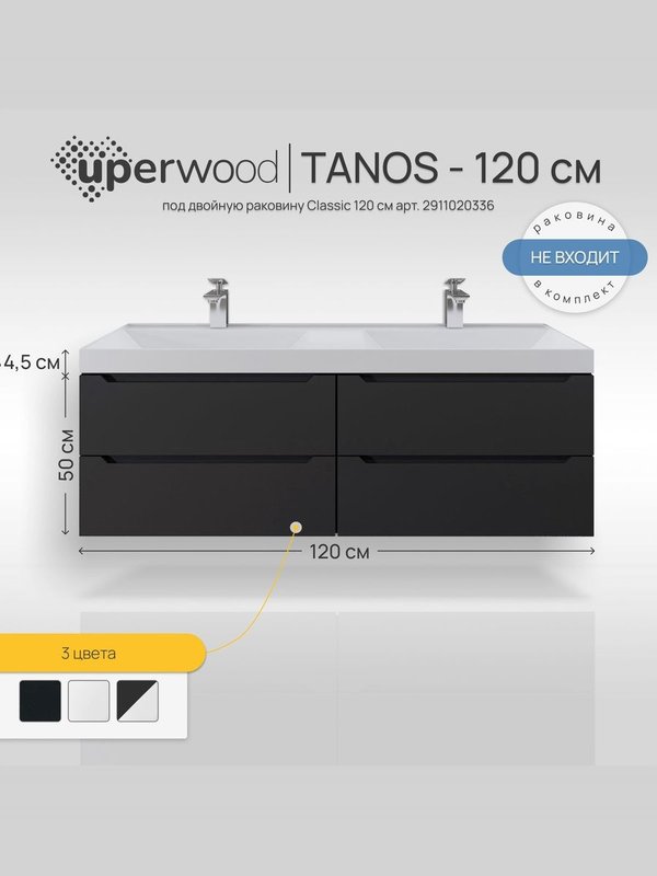 Тумба под раковину без столешницы Uperwood Tanos 120 подвесная, 4 ящика, матовая черная
