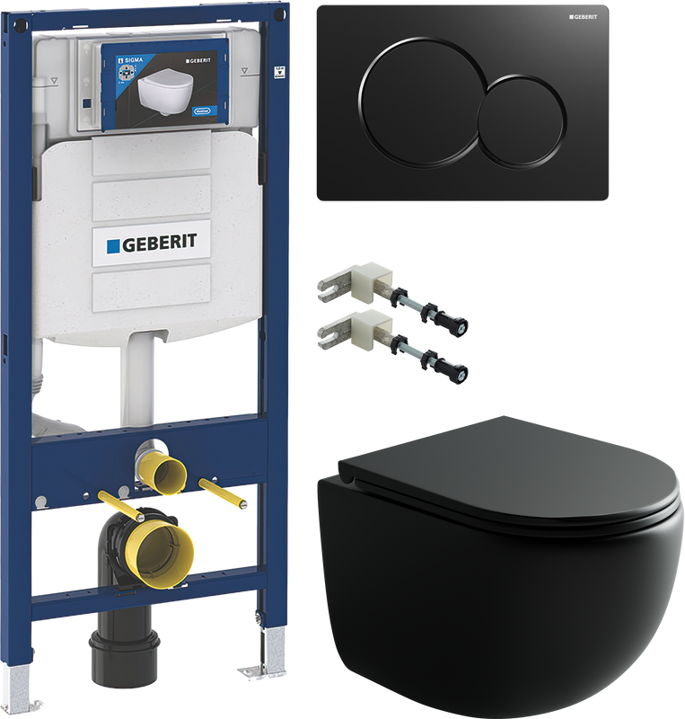 Комплект 4 в 1 Унитаз подвесной Ceramicanova UP Rimless CN4007MB + Инсталляция Geberit Duofix UP 320 111.300.00.5 + Кнопка Sigma 01 115.770.DW.5 + Крепления 111.815.00.1 к стене
