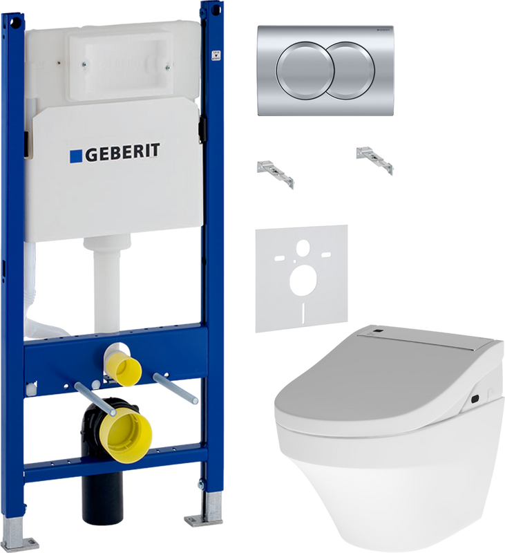 Комплект 4 в 1 Унитаз подвесной AM.PM Inspire FlashClean C501700WH + Крышка Admire CCC7851WH с функцией биде, петли хром + Инсталляция с кнопкой Geberit Duofix Delta 458.149.21.1 + Звукоизоляция 156.050.00.1