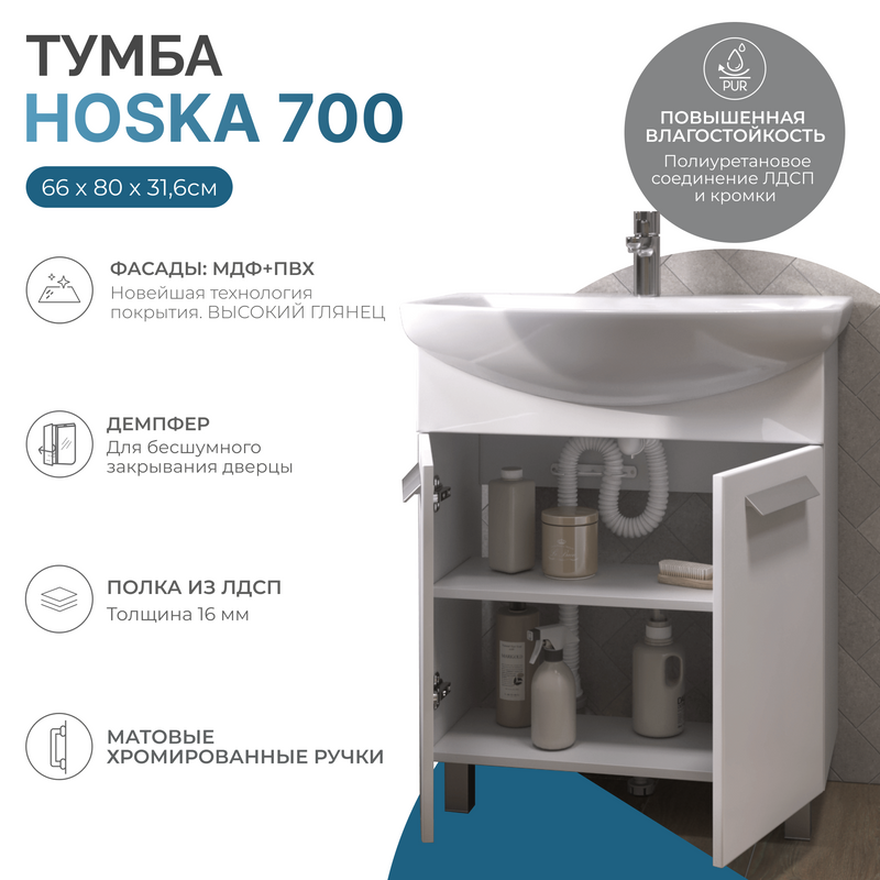 Тумба под раковину без столешницы Vigo Hoska 70 2 дверцы, белая