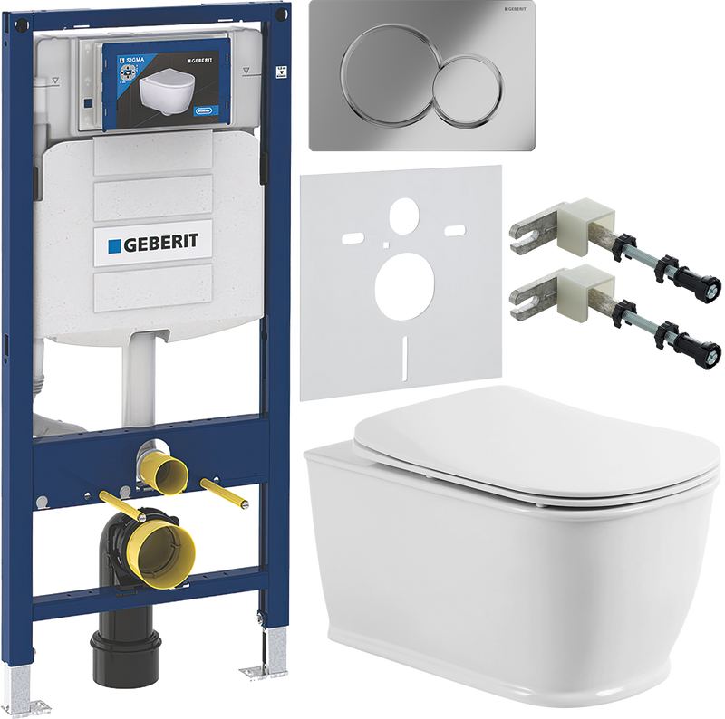 Комплект 6 в 1 Унитаз подвесной BelBagno Prado BB10150CH безободковый + Крышка BB10150SC с микролифтом, петли хром + Инсталляция Geberit Duofix UP 320 111.300.00.5 + Кнопка Sigma 01 115.770.21.5 + Крепления 111.815.00.1 к стене + Звукоизоляция 156.050.00.