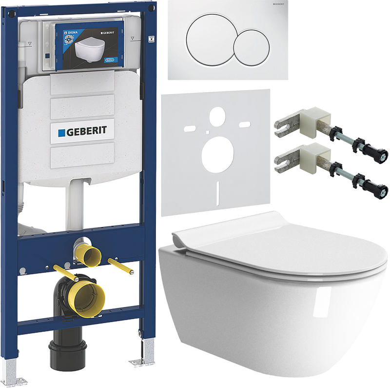 Комплект 6 в 1 Унитаз подвесной GSI Pura 881611 безободковый + Крышка Norm MS86CSN11 с микролифтом, белая + Инсталляция Geberit Duofix UP 320 111.300.00.5 + Кнопка Sigma 01 115.770.11.5 + Крепления 111.815.00.1 к стене + Звукоизоляция 156.050.00.1