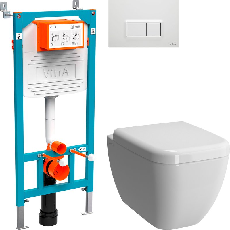 Комплект 2 в 1 Унитаз подвесной VitrA Shift 7742B003-0075 406 с микролифтом, безободковый, глянцевый белый + Инсталляция с кнопкой 800-2012