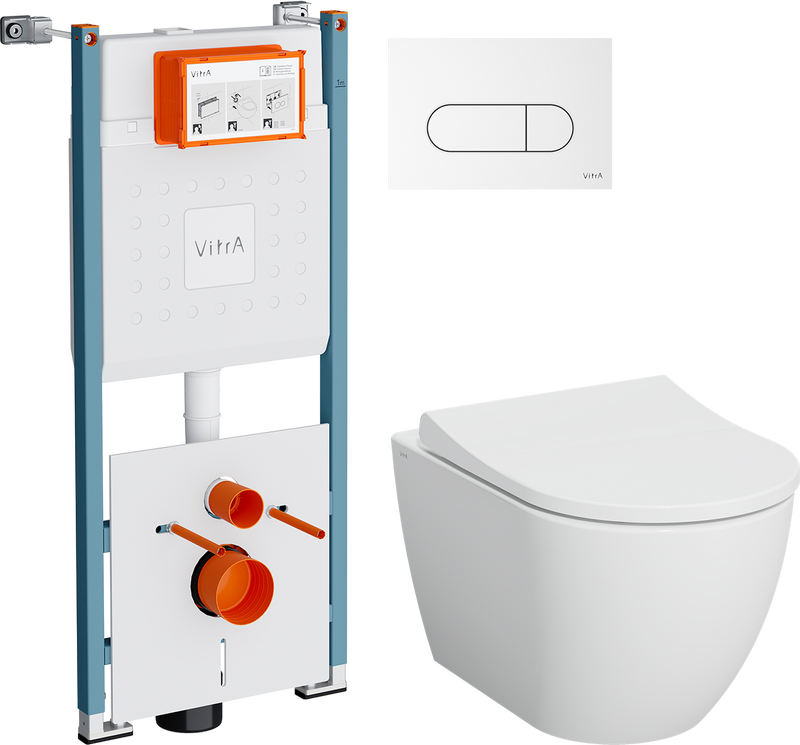 Комплект 4 в 1 Унитаз подвесной VitrA Mia Round SmoothFlush 7510B003-0075 безободковый + Крышка 801-003-019 с микролифтом + Инсталляция V-Fix Core 732-5800-01PV + Кнопка Root Round 740-2200