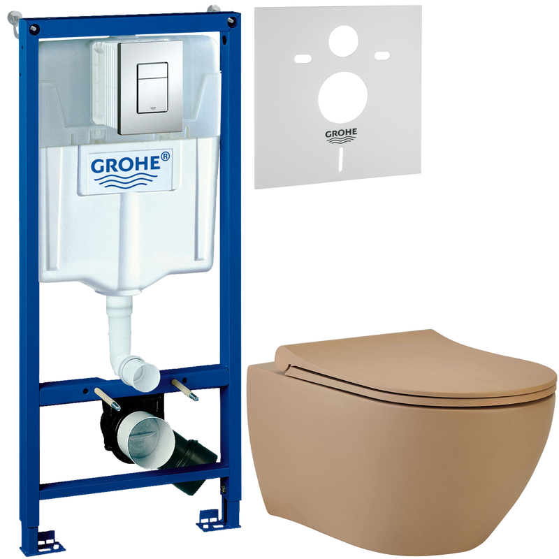 Комплект 3 в 1 Унитаз подвесной beWash Bogen 88303273 латте + Инсталляция с кнопкой Grohe Rapid SL 38772001 + Звукоизоляция 37131000