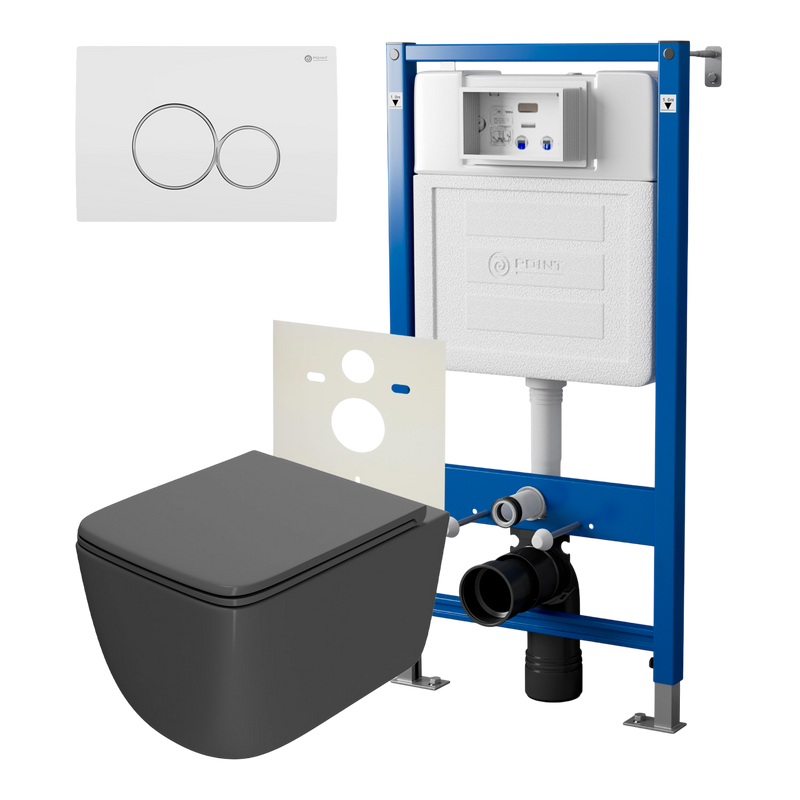 Комплект Унитаз подвесной Point Меркурий PN41831GM серый матовый, безободковый, с микролифтом + Система инсталляции для унитазов Point PN45120 + Кнопка смыва Point Виктория PN44061WC белая, хром